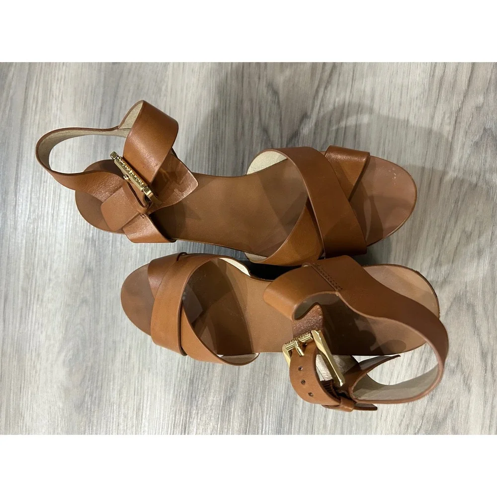 Michael Kors Tan Leather Platform Wedge Sandals Gold Buckle Wood Sole 8.5M